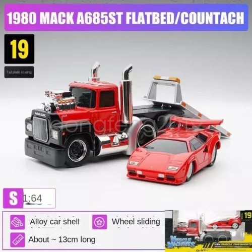 Red 1:64 diecast flatbed truck with gray trailer and red sports car