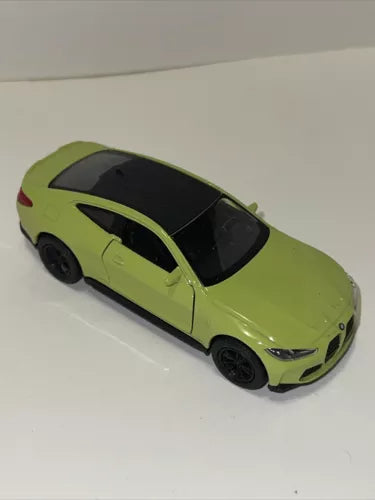 1:36 lime green diecast sports car with black wheels and clear windshield