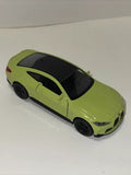 1:36 lime green diecast sports car with black wheels and clear windshield