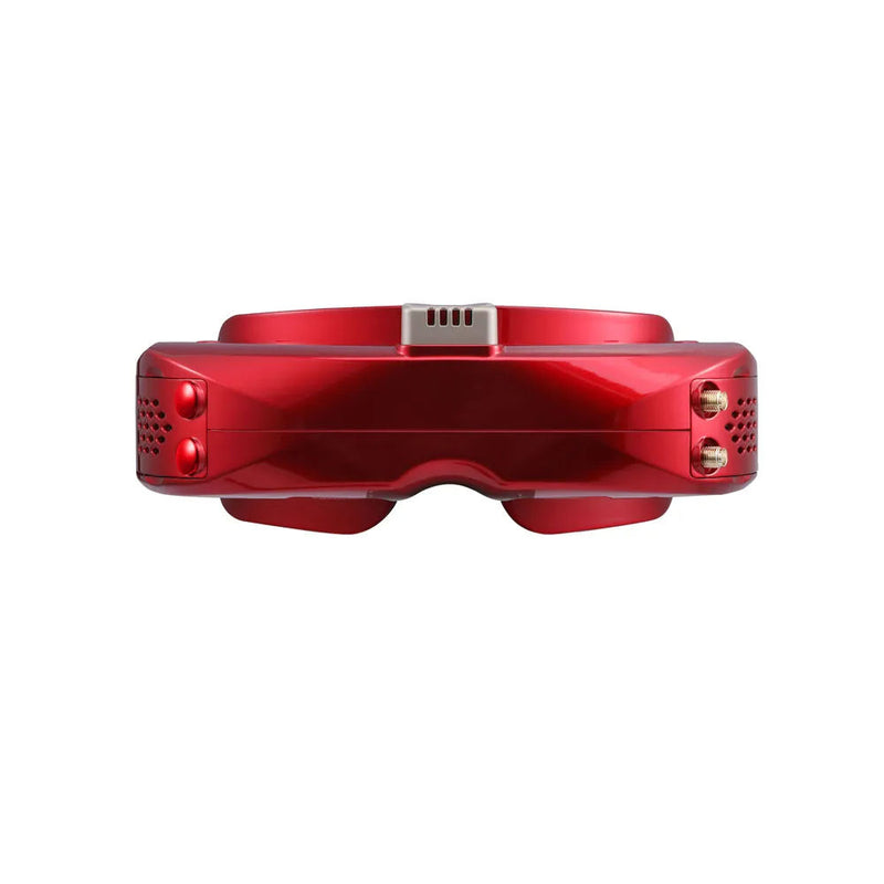 Red FPV video goggles with front display module and side vents