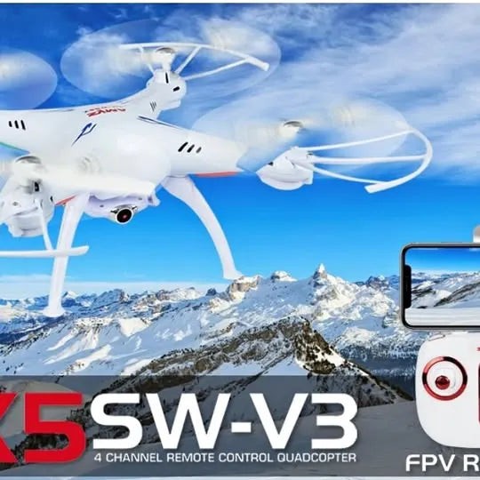 Syma X5SW-V3 quadcopter drone with WiFi camera, white body and four propellers