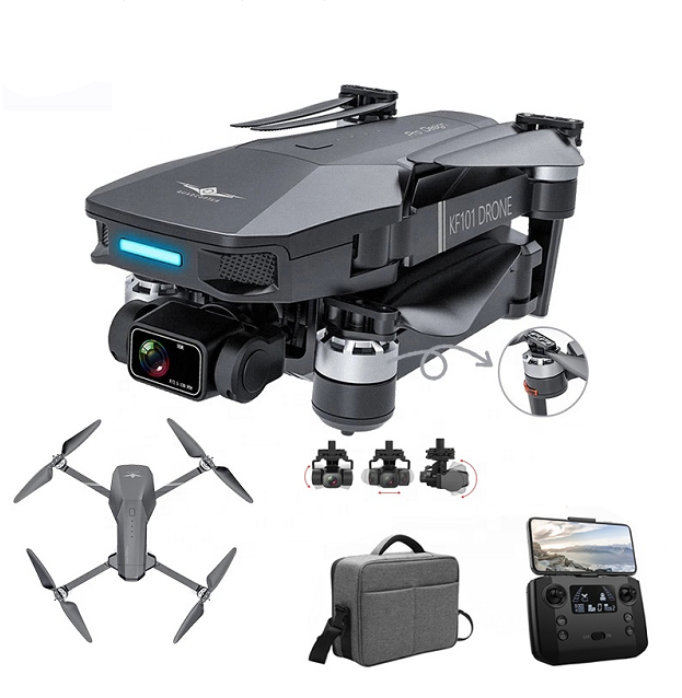 Gray mini drone with 4K camera, propellers, remote controller and carrying bag