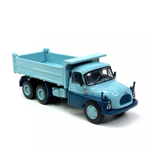 Light blue diecast dump truck miniature with raised cab and open tipping bed