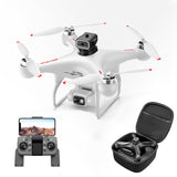 White quadcopter drone with dual cameras, open hard case and remote display