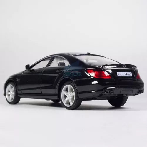 Black diecast model car with rear lights, silver wheels and Mercedes CLS63 AMG badge