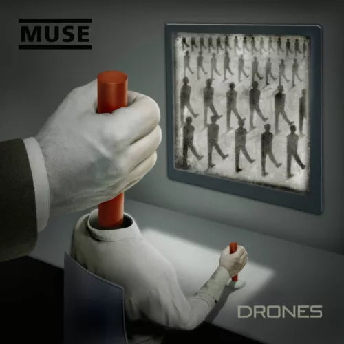 Framed drones wall art poster with repeating soldier silhouettes and text DRONES, MUSE