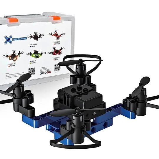 Quadcopter drone with blue frame and black propeller arms, central camera mount