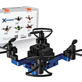 Quadcopter drone with blue frame and black propeller arms, central camera mount