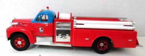 Diecast fire truck with red cab and body, blue roof lights, open side compartment