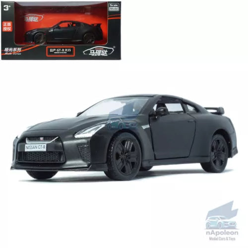 Black 1:36 diecast sports model car, front three-quarter view