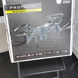 Drone camera box with printed quadcopter and feature icons