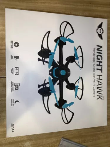 Blue hexacopter drone with camera, on retail box packaging