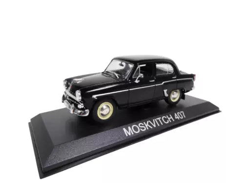 Black Moskvitch 407 diecast model car with display base, scale 1:43