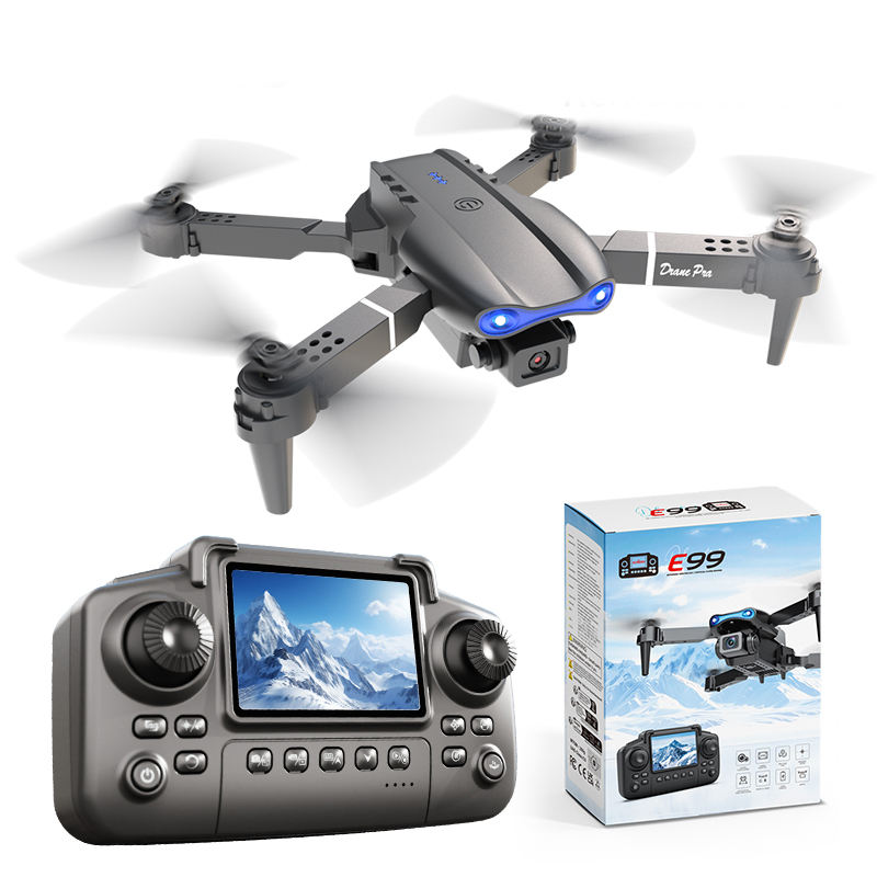 Mini quadcopter drone with dual cameras and remote screen, with controller and box