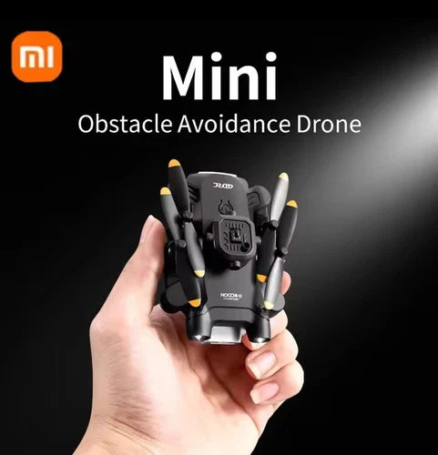 Mini quadcopter obstacle avoidance drone, black body with yellow prop tips.