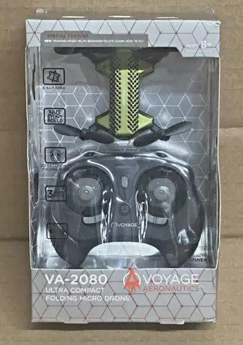 Ultra compact folding micro drone in retail box, VA-2080 and drone controller