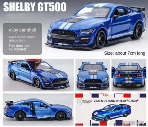 Blue diecast sports car toy with black grille and headlights, front 3/4 view