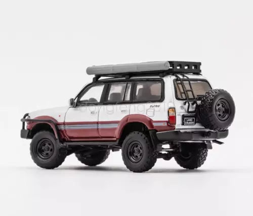 Diecast off-road SUV toy car, white and red Land Cruiser LC80 with roof rack