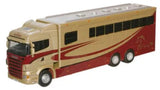 Metallic Scania Highline horsebox diecast model, cream cab with red body and side windows