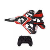 Red/black fixed-wing RC jet drone with controller and propellers