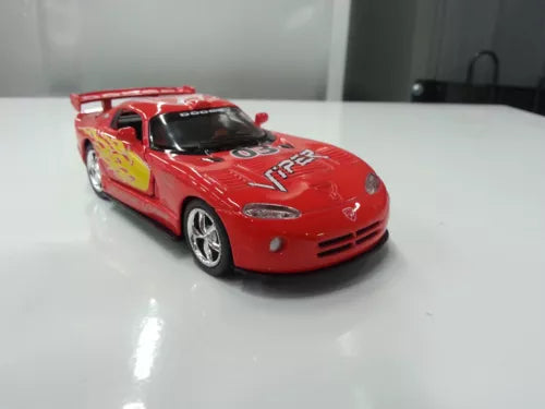 Red diecast toy car, front 3/4 view, black hood and racing graphics