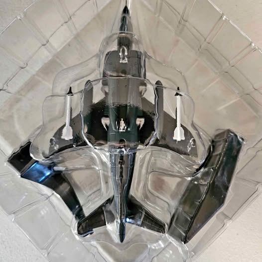 Diecast Sea Harrier 1/72 scale aircraft model, top view, gray and dark green
