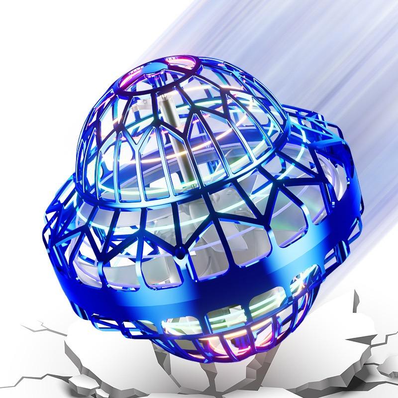 Blue UFO ball flying spinner drone with lattice shell and LED lights