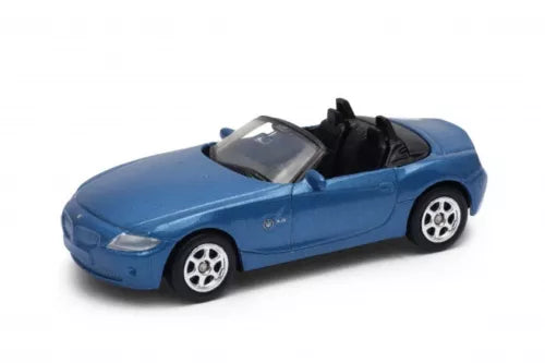 Blue BMW Z4 roadster diecast model car with black interior, silver wheels, front 3/4 view