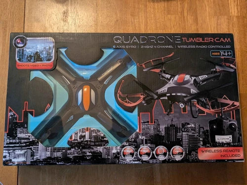 Quadrone Tumbler-Cam drone with camera, wireless remote on product box