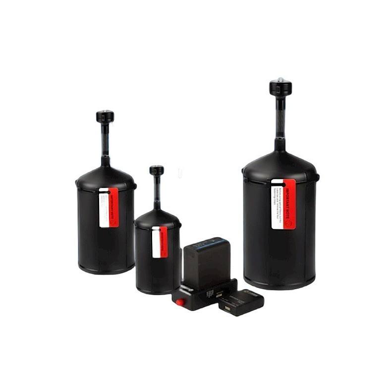 Fiber optic cable relay kit with three black cylindrical units and mounting ports