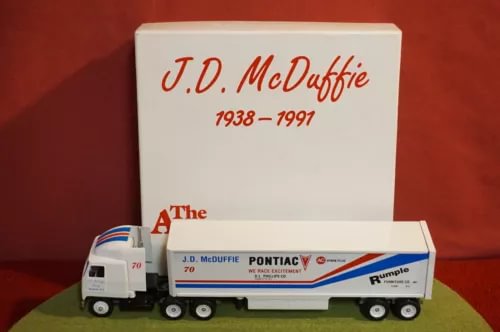 Diecast cargo truck, white with blue stripe and J.D. McDuffie #70 graphics
