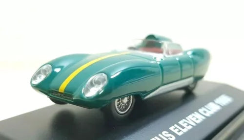 Teal race car diecast model with yellow stripe, front three-quarter view
