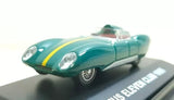 Teal race car diecast model with yellow stripe, front three-quarter view