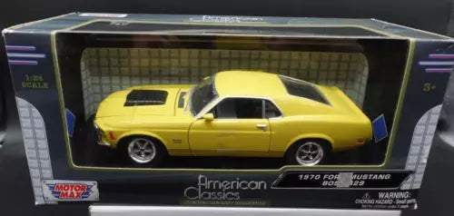 Yellow 1970 Ford Mustang Boss 429 diecast car in display box