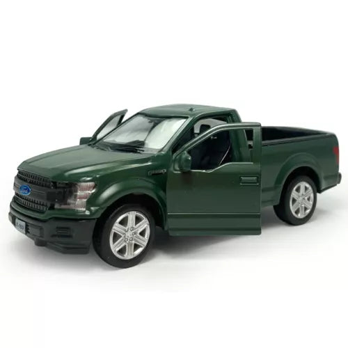 Matte green diecast pickup truck toy with open driver door, 1:36 scale, front 3/4 view