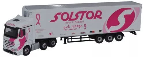 Solstor 1:76 scale Mercedes Actros reefer truck model with white cargo box and pink logo