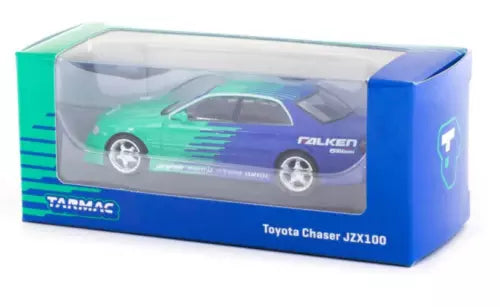 1:64 scale diecast Toyota Chaser JZX100, mint green with Falken graphics and purple stripes