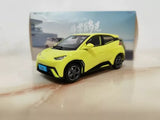 1/43 scale yellow BYD Seagull EV diecast car model with black wheels