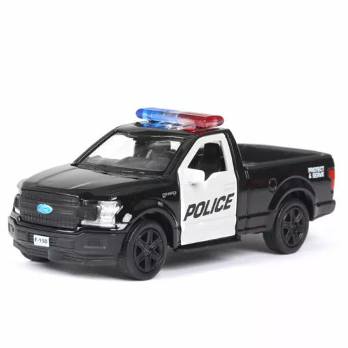 Police pickup truck diecast model, black and white with blue-red roof light bar