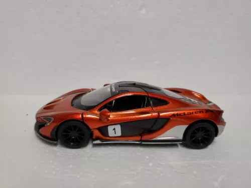 Orange McLaren P1 diecast model car with black wheels, side view, numbered 1