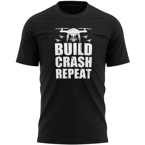 Men's black T-shirt with drone icon and “BUILD CRASH REPEAT”