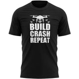 Men's black T-shirt with drone icon and “BUILD CRASH REPEAT”
