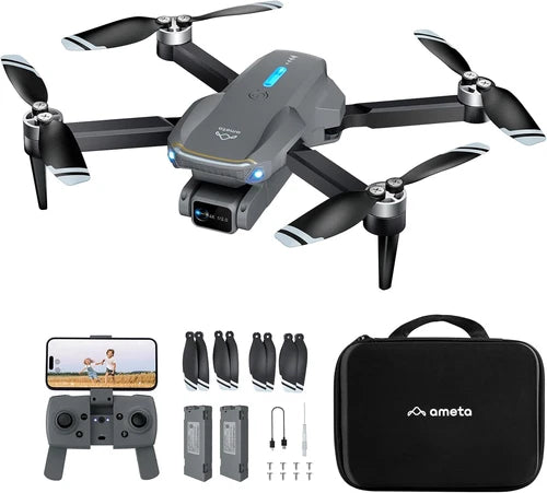 Foldable quadcopter drone with camera, four propellers, and remote control screen
