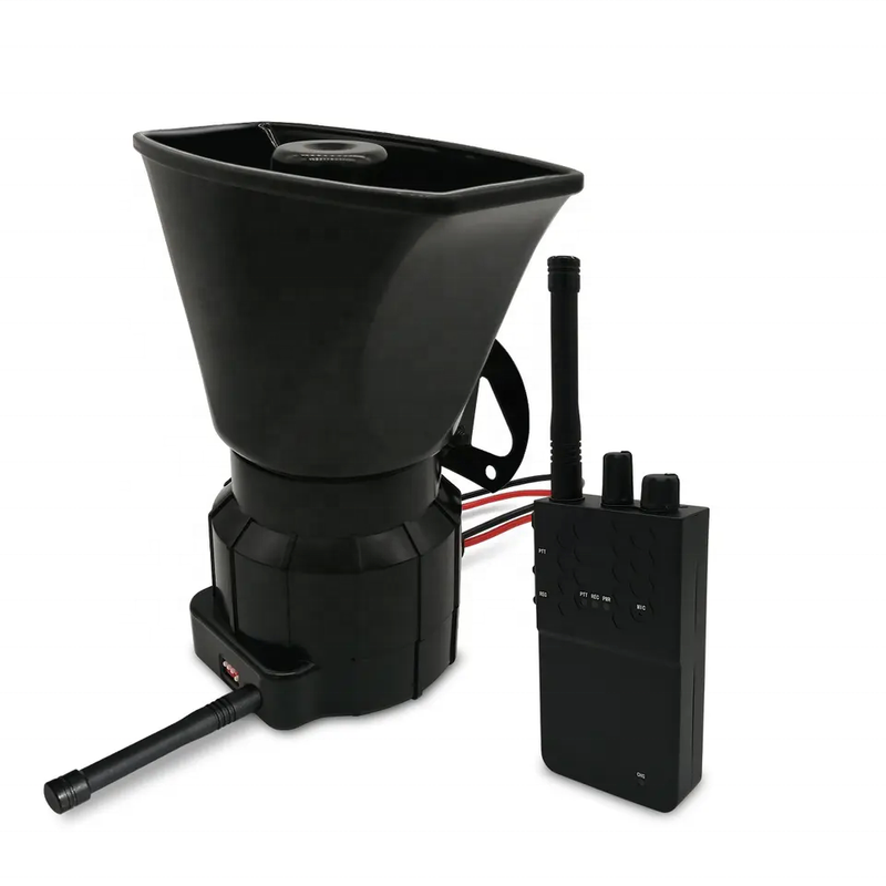 Black portable loudspeaker horn with handheld transmitter module and antenna