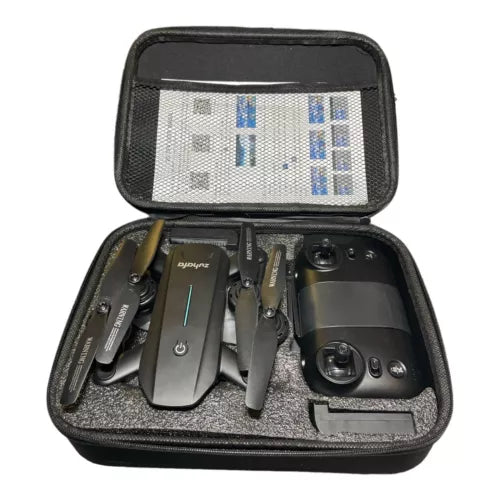 Foldable FPV drone with camera in open zip case