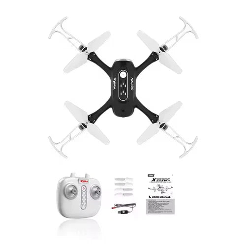 Syma RC drone with propellers, remote controller, and user manual set