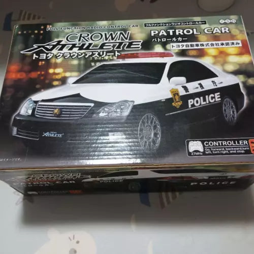 1:32 diecast police model car, black with white side stripes and POLICE decals