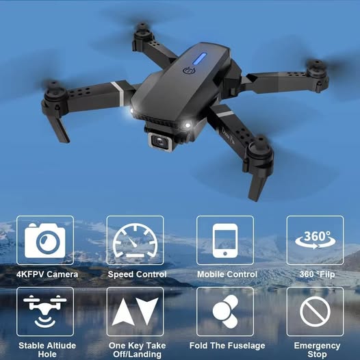 Foldable quadcopter drone with 4K HD camera, black body and four rotors