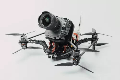 FPV drone with mounted camera and six propeller arms