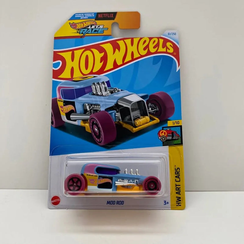 Blue and pink diecast Hot Wheels Mod Rod car with open blister packaging